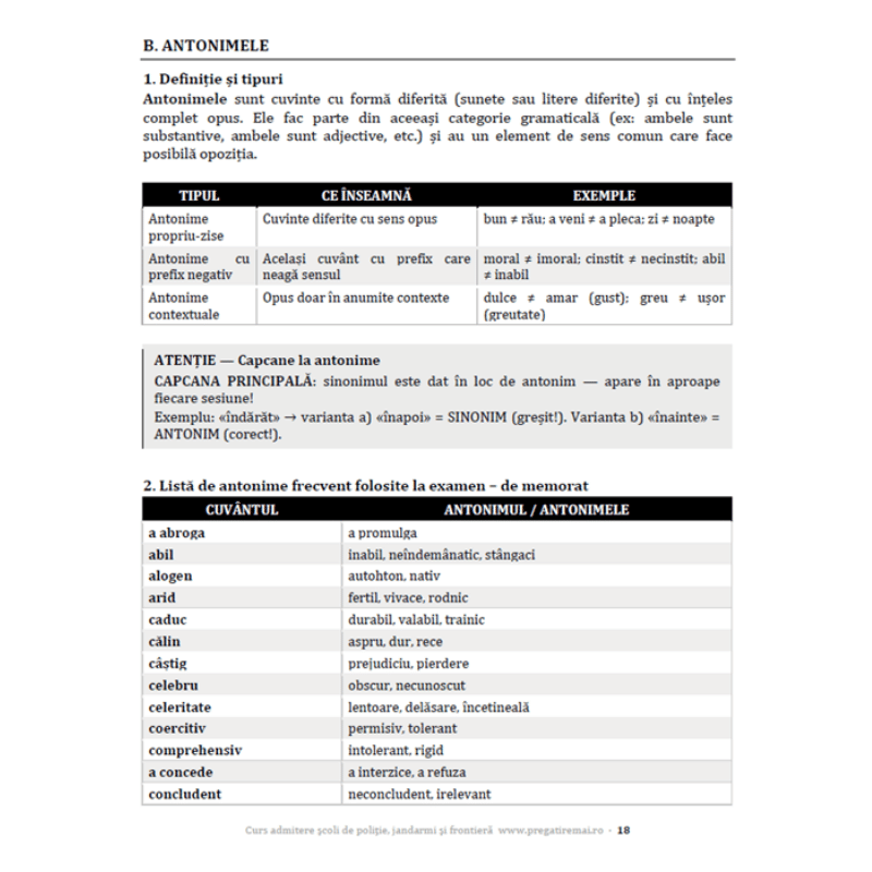 Exemplu pagină de teorie din Cursul pentru admiterea la Școlile de Poliție