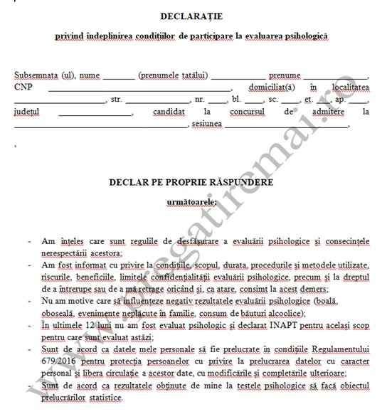 Declarație pe proprie răspundere privind acordul de susținere a evaluării psihologice M.A.I.