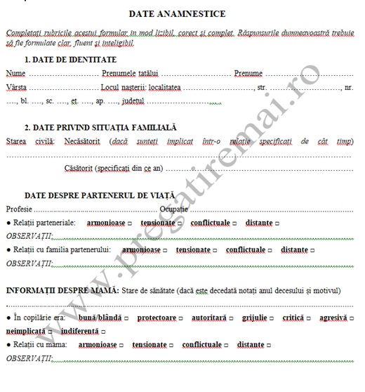 Formular cu date anamnestice utilizat pentru evaluarea psihologică M.A.I.